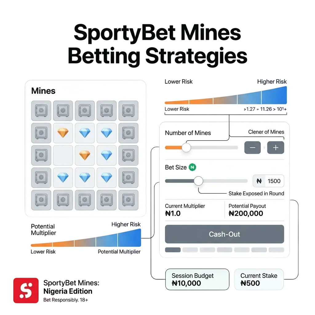 Mines game grid on SportyBet showing tile selection and multiplier progression